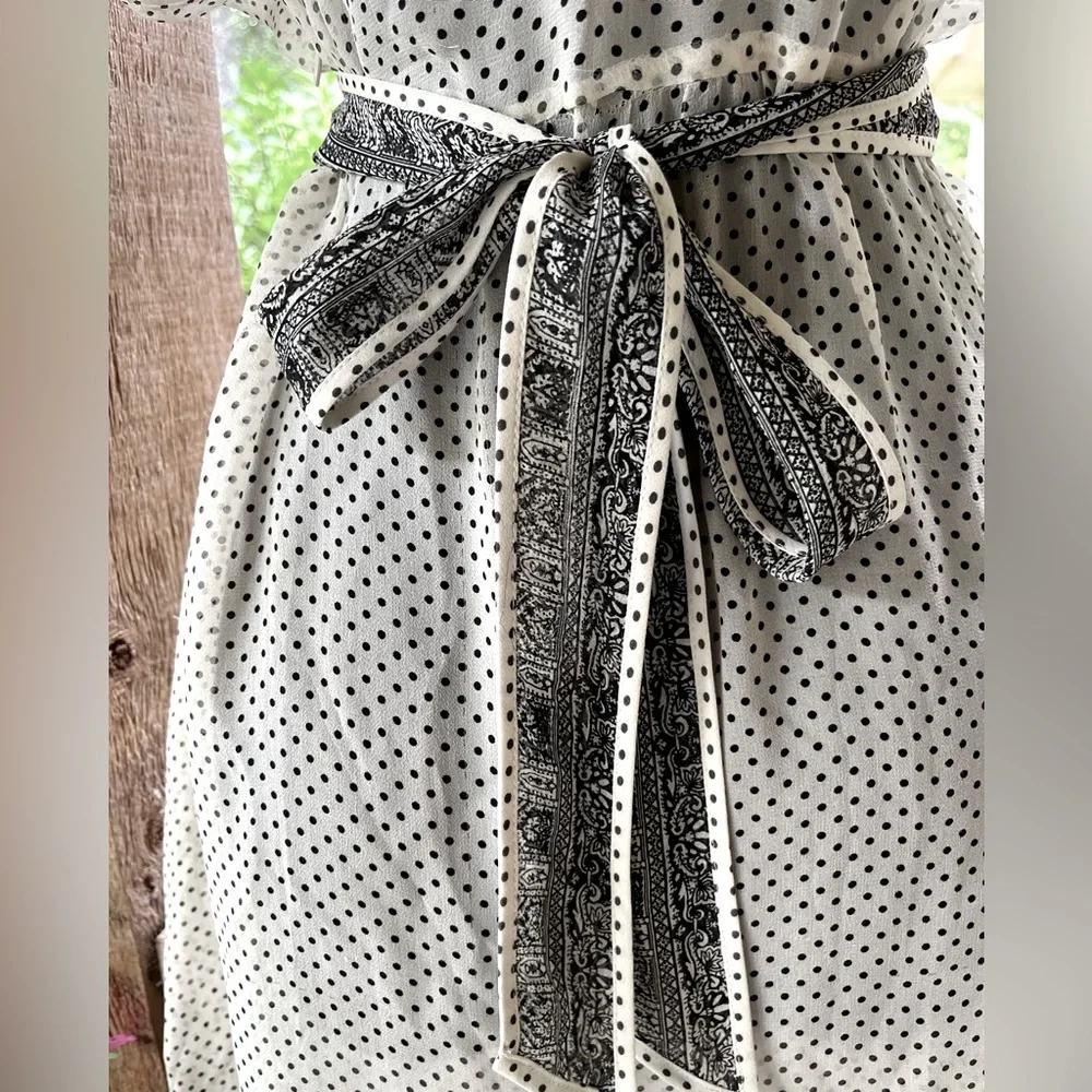 Vintage Adrianna Papell Silk Sheer Ivory & Black Polka Dot Flutter Sleeve Dress - Picture 8 of 12